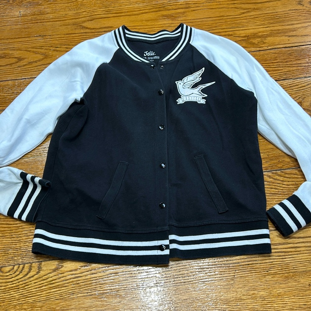 Justice Varsity jacket, black and white with glitter roses and birds. Girls 18.